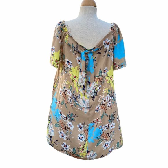 Nicole Miller Studio Floral Shift Dress Sz 12 Taupe Multi Off Shoulder Ties NWT - Picture 2 of 12